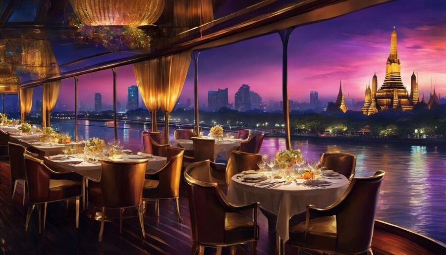 Tables laid on a Chao Phraya dinner boat as Bangkok lights up