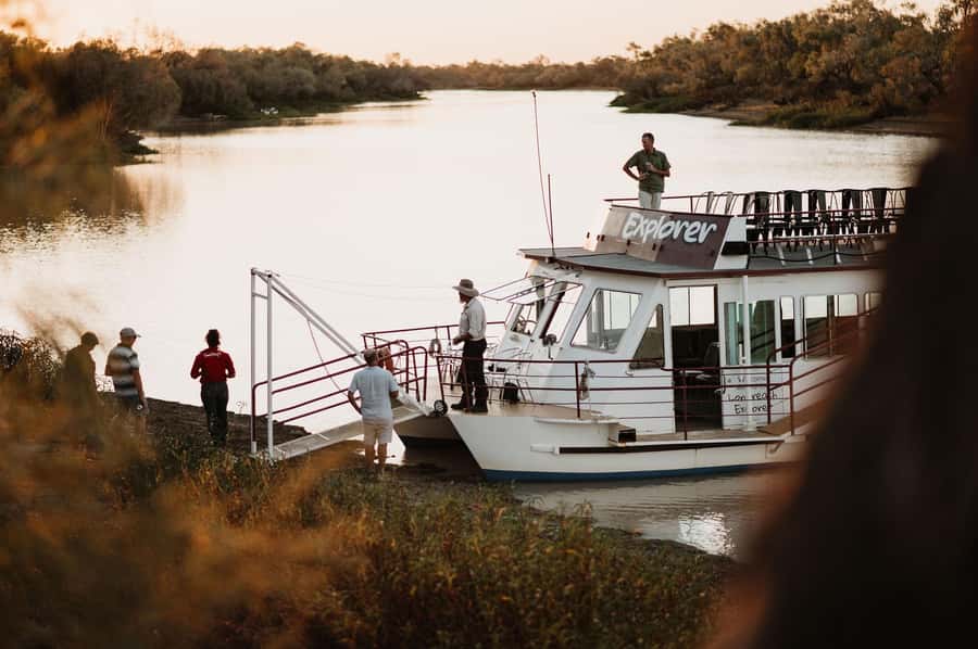 Longreach: Drover's Sunset Cruise & Outback Dinner & Show - A calm cruise through the Collabah Trees
